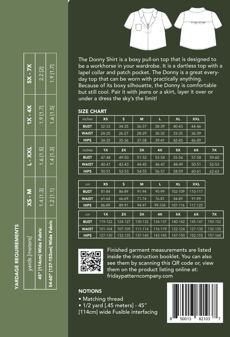 size guide and fabric requirements for the Donny Shirt sewing pattern from Friday Pattern Company.