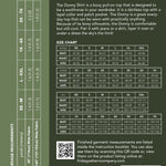 size guide and fabric requirements for the Donny Shirt sewing pattern from Friday Pattern Company.