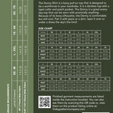 size guide and fabric requirements for the Donny Shirt sewing pattern from Friday Pattern Company.