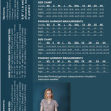size guide and fabric requirements for The Westcliff dress sewing pattern from Friday Pattern Company.