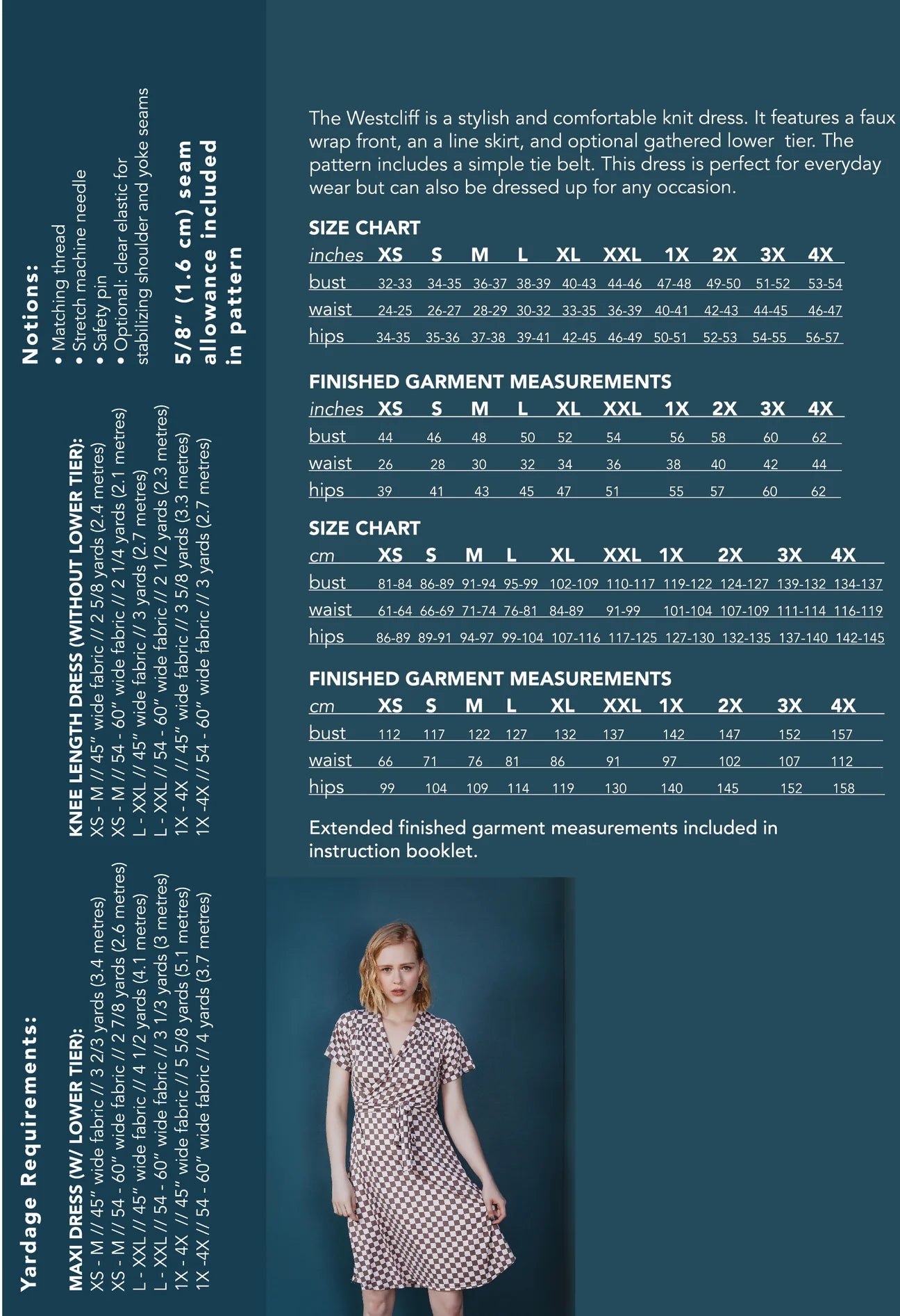 size guide and fabric requirements for The Westcliff dress sewing pattern from Friday Pattern Company.