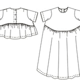 horizontal image, digital drawing, white background, black detail, left side shows, front and back of top, right side shows front and back of dress.
