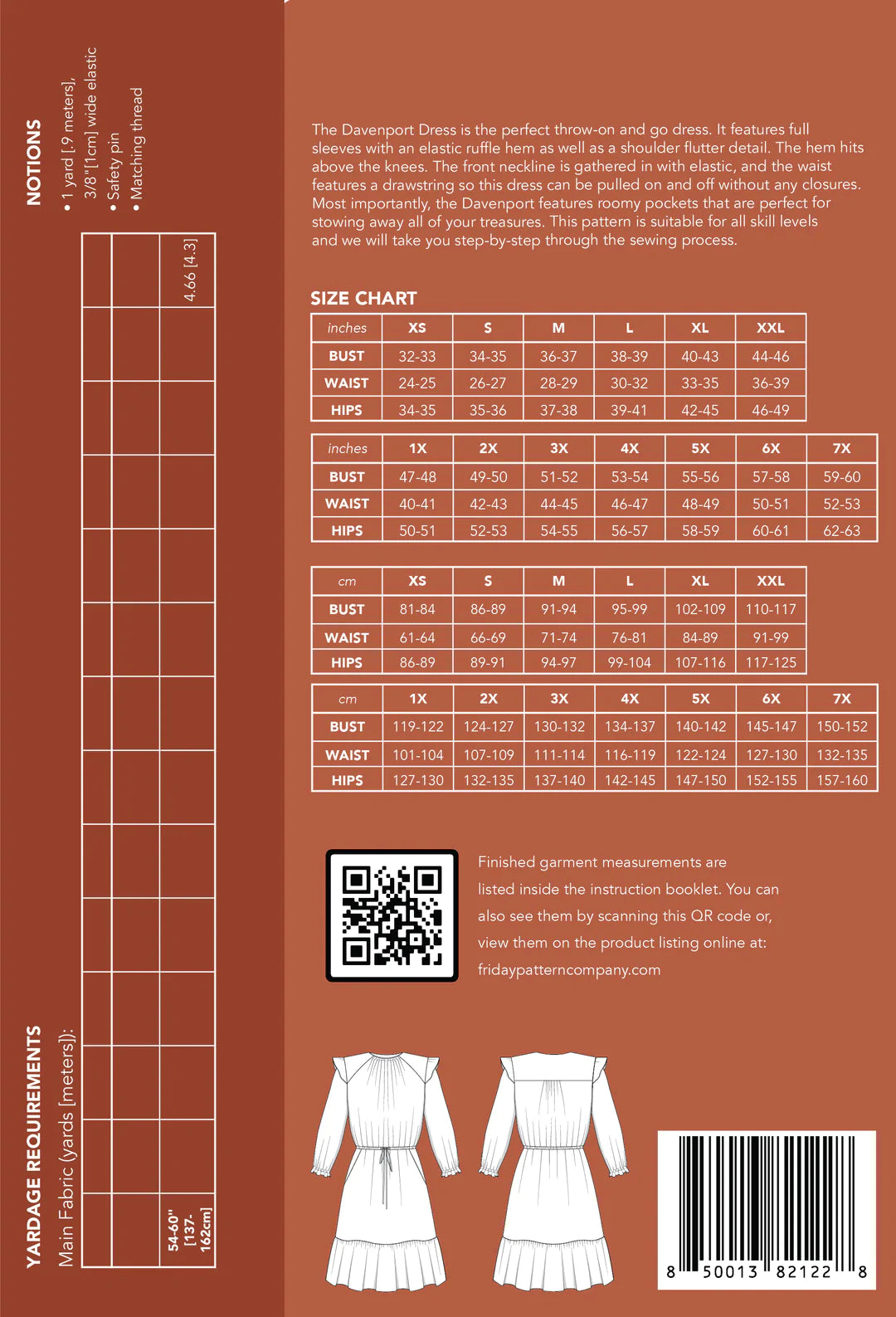 size guide and fabric requirements for the davenport dress sewing pattern from Friday Pattern Company.