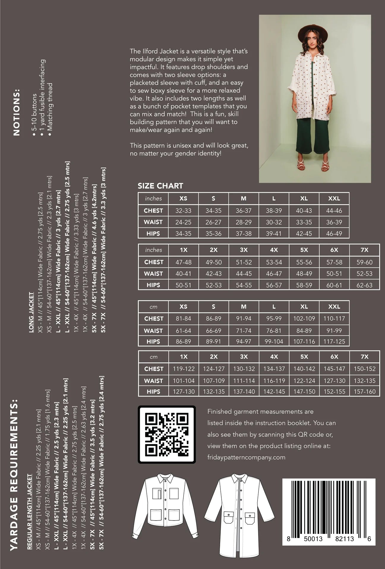 size guide and fabric requirements for the The Ilford Jacket sewing pattern from Friday Pattern Company.