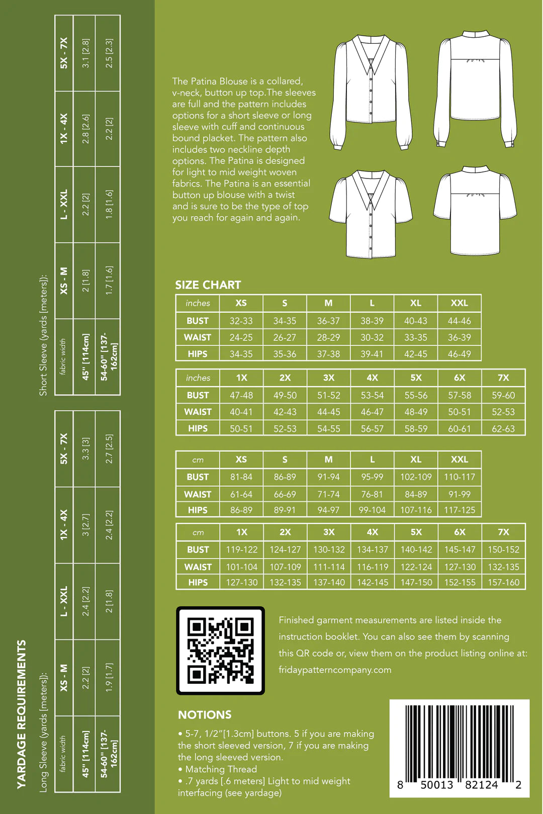 size guide and fabric requirements for the The Patina Blouse sewing pattern from Friday Pattern Company.