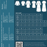 size guide and fabric requirements for The Wilder Gown sewing pattern from Friday Pattern Company.