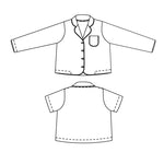merchant and mills Winnie pyjama pattern,, portrait image, line are digital drawing, top image is front of long sleeve shirt, bottom image is back of short sleeve shirt.