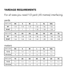 size guide and fabric requirements for The Square neck top sewing pattern from Friday Pattern Company.