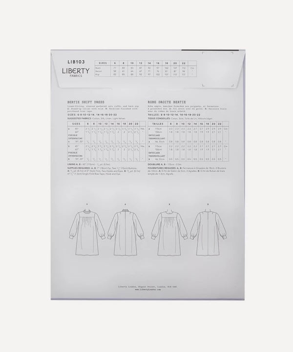 size guide and fabric requirements for the  Bertie Shift Dress pattern from Liberty Sewing Patterns.