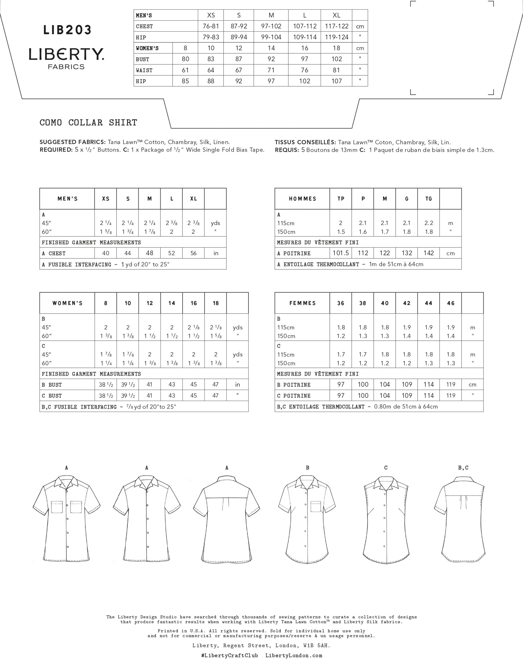 size guide and fabric requirements for the Unisex Como Collar Shirt sewing pattern from Liberty Sewing Patterns.