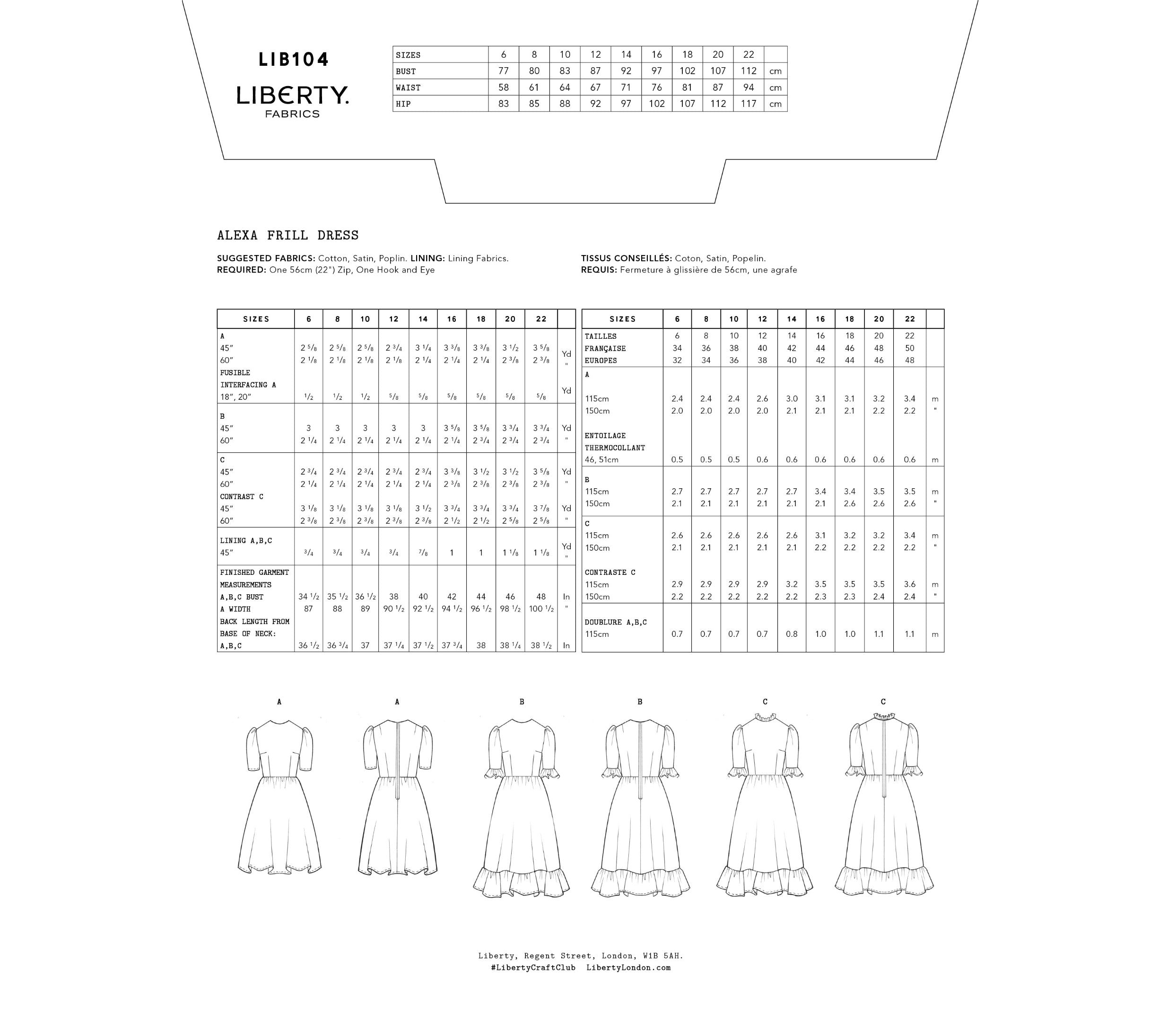 size guide and fabric requirements for the  Alexa frill dress sewing pattern from Liberty Sewing Patterns.