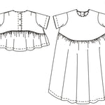 horizontal image, digital drawing, white background, black detail, left side shows, front and back of top, right side shows front and back of dress.