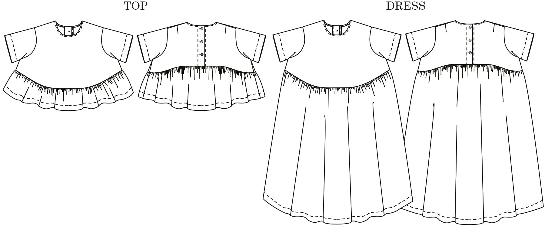 horizontal image, digital drawing, white background, black detail, left side shows, front and back of top, right side shows front and back of dress.