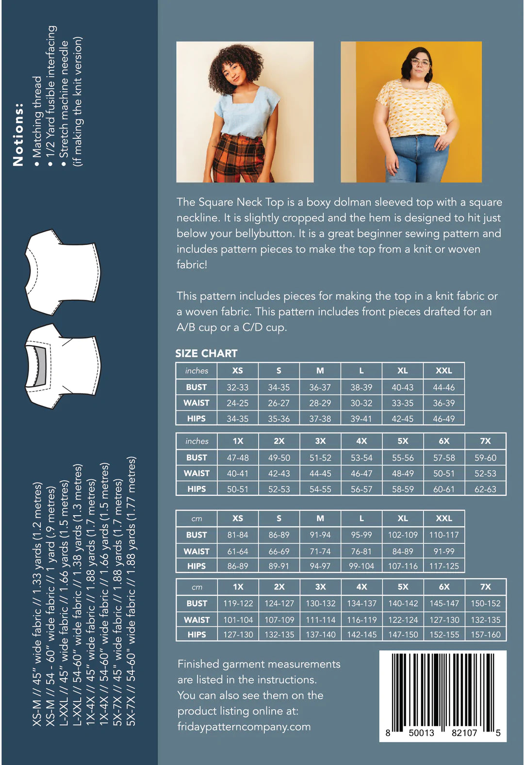 size guide and fabric requirements for The Square neck top sewing pattern from Friday Pattern Company.