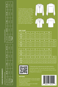 size guide and fabric requirements for the The Patina Blouse sewing pattern from Friday Pattern Company.