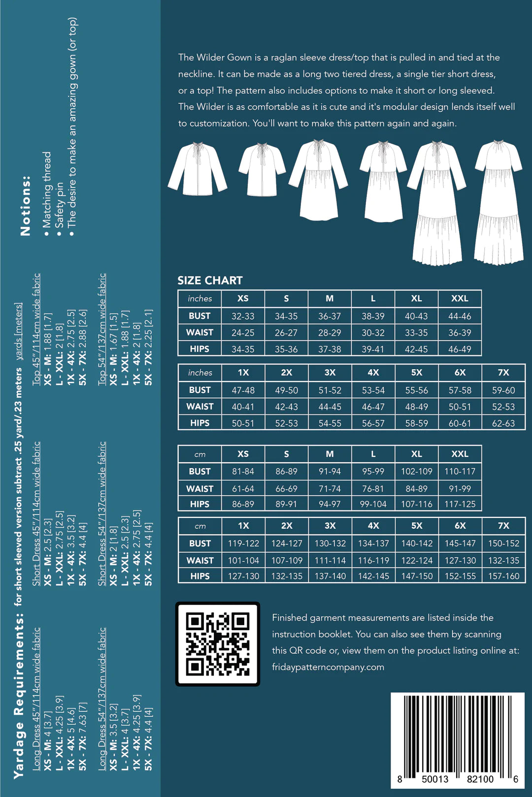 size guide and fabric requirements for The Wilder Gown sewing pattern from Friday Pattern Company.