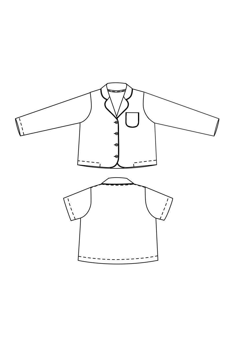 merchant and mills Winnie pyjama pattern,, portrait image, line are digital drawing, top image is front of long sleeve shirt, bottom image is back of short sleeve shirt. 