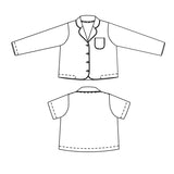 merchant and mills Winnie pyjama pattern,, portrait image, line are digital drawing, top image is front of long sleeve shirt, bottom image is back of short sleeve shirt. 