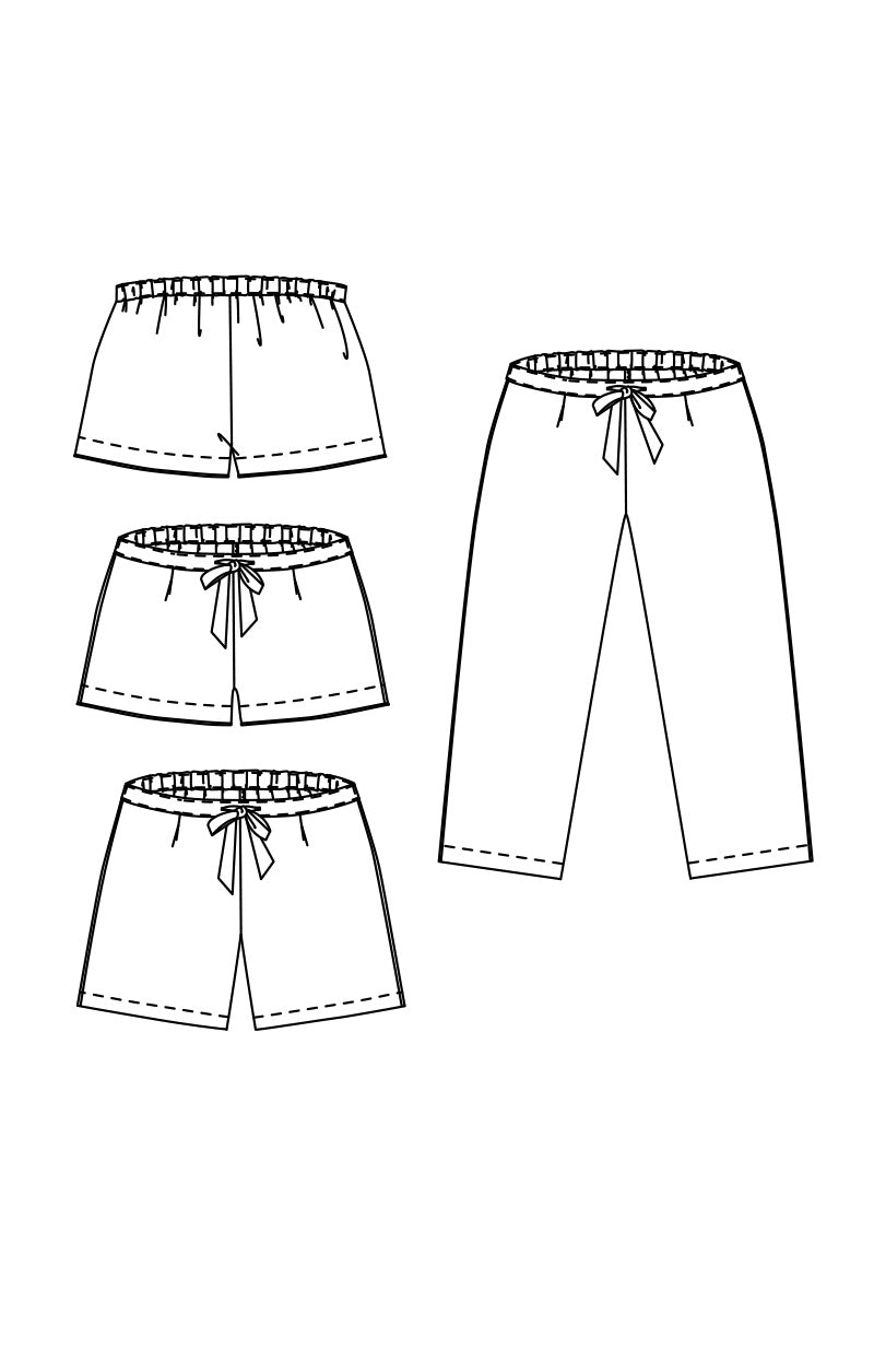 merchant and mills Winnie pyjama pattern,, portrait image, line are digital drawing,right hand image is trouser length pyjama bottoms, three left hand images show front, back and longer short option. 