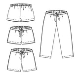 merchant and mills Winnie pyjama pattern,, portrait image, line are digital drawing,right hand image is trouser length pyjama bottoms, three left hand images show front, back and longer short option. 